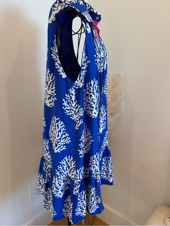 THML Blue Coral-Print Sleeveless Pleated Button Mini Dress Pink & Orange Trim - Picture 5 of 10